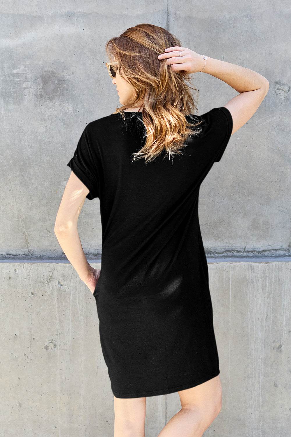 Basic Bae Bamboo Full Size Round Neck Short Sleeve Dress with Pockets - Delanoir