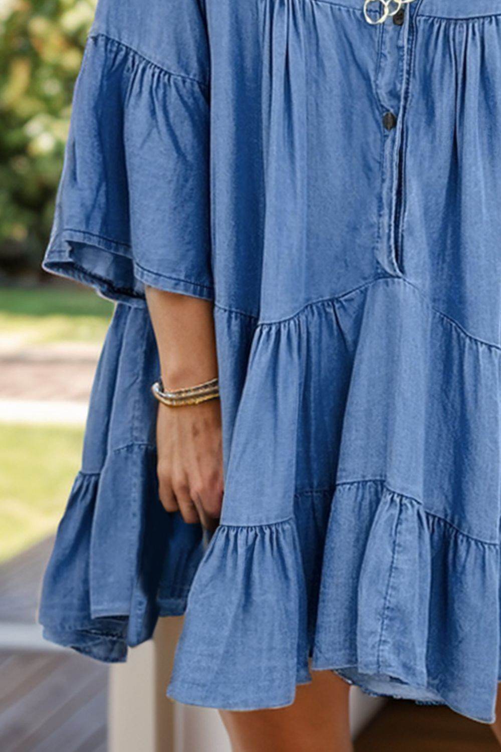 Notched Flare Sleeve Denim Dress - Delanoir