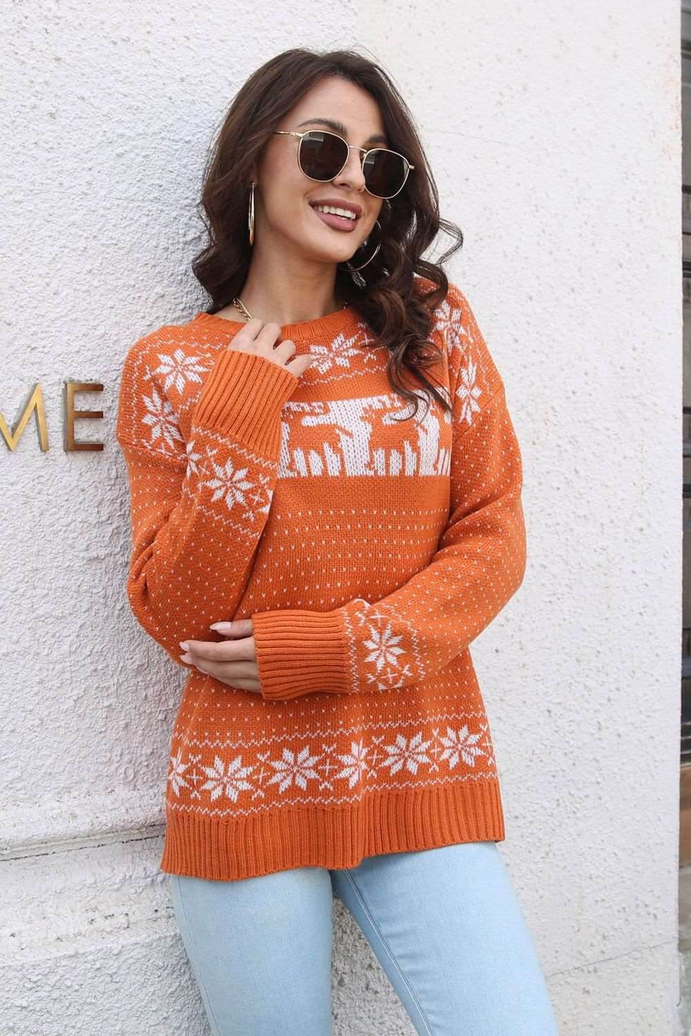 Reindeer & Snowflake Pattern Dropped Shoulder Pullover Sweater - Delanoir