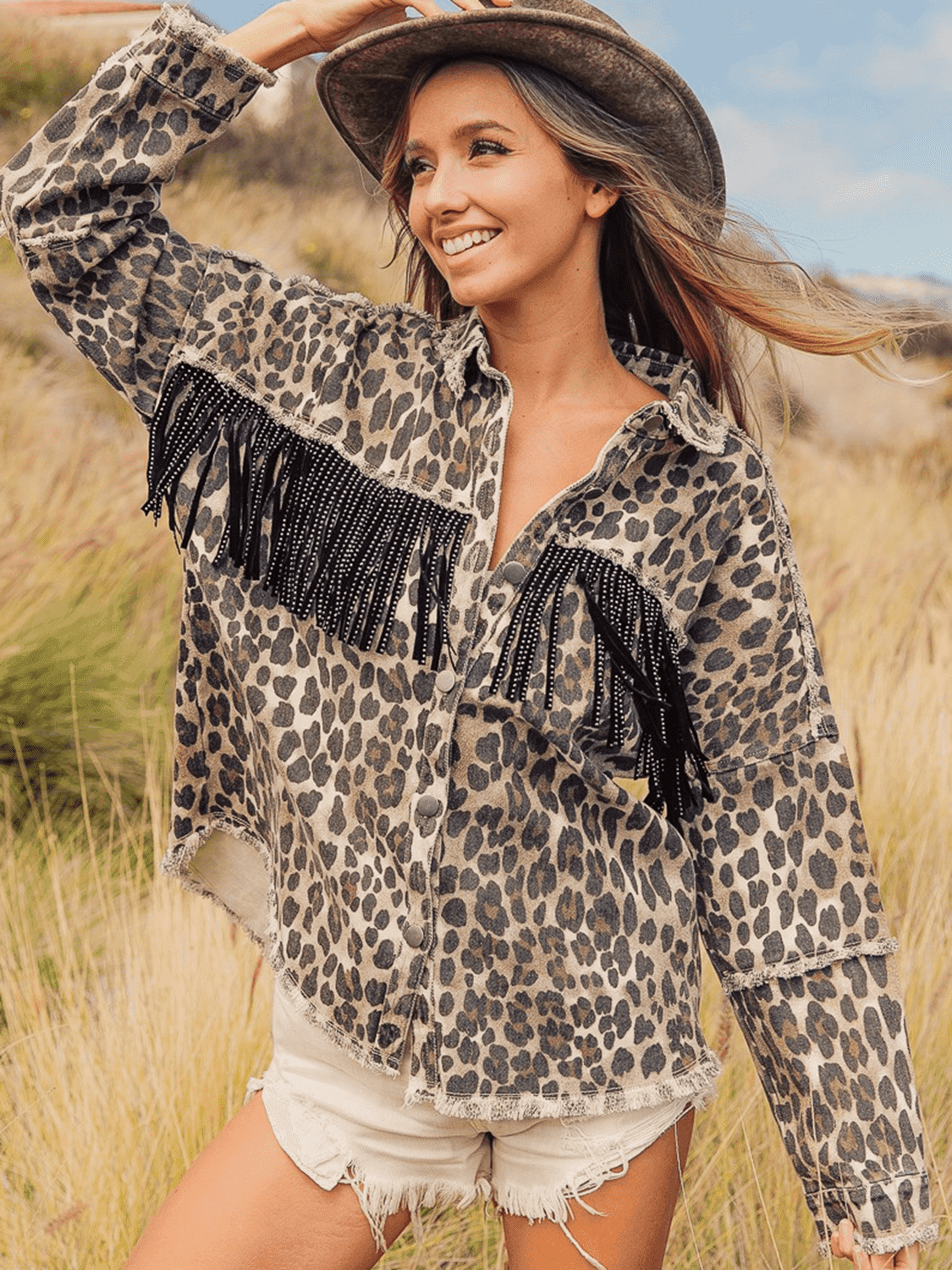 Leopard Fringe Detail Collared Neck Denim Jacket - Delanoir