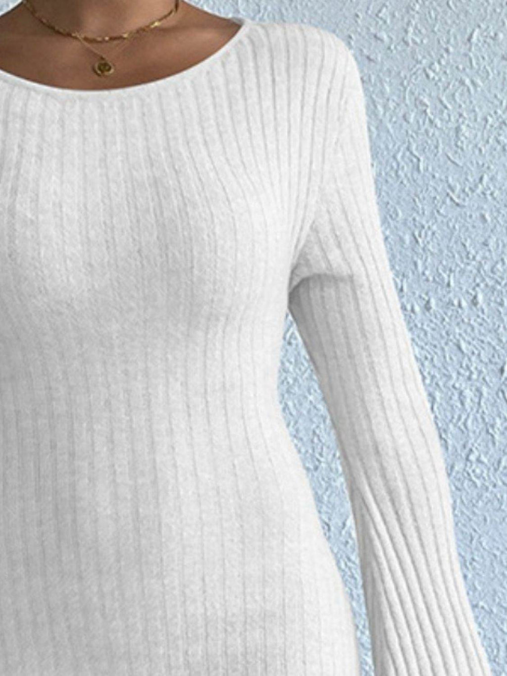 Backless Round Neck Long Sleeve Sweater Dress - Delanoir