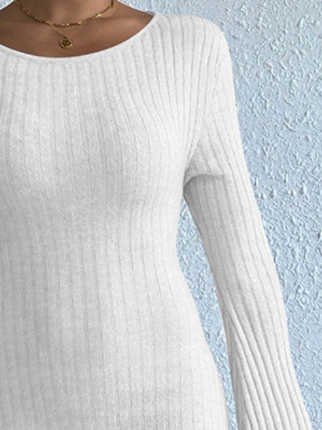 Backless Round Neck Long Sleeve Sweater Dress - Delanoir