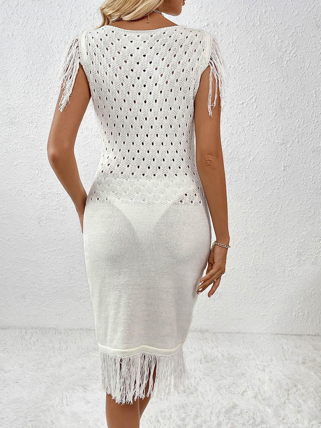 Fringe Openwork Boat Neck Knit Dress - Delanoir