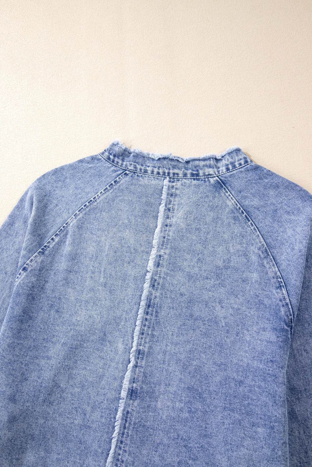 Raw Hem Button Down Long Sleeve Denim Dress - Delanoir