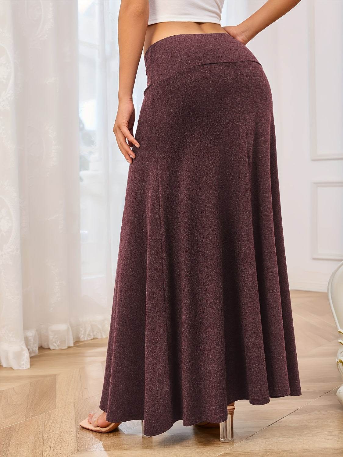 Solid Elastic Waist Maxi Skirt - Delanoir