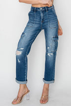 RISEN Full Size High Rise Cargo Ankle Roll Up Straight Jeans - Delanoir