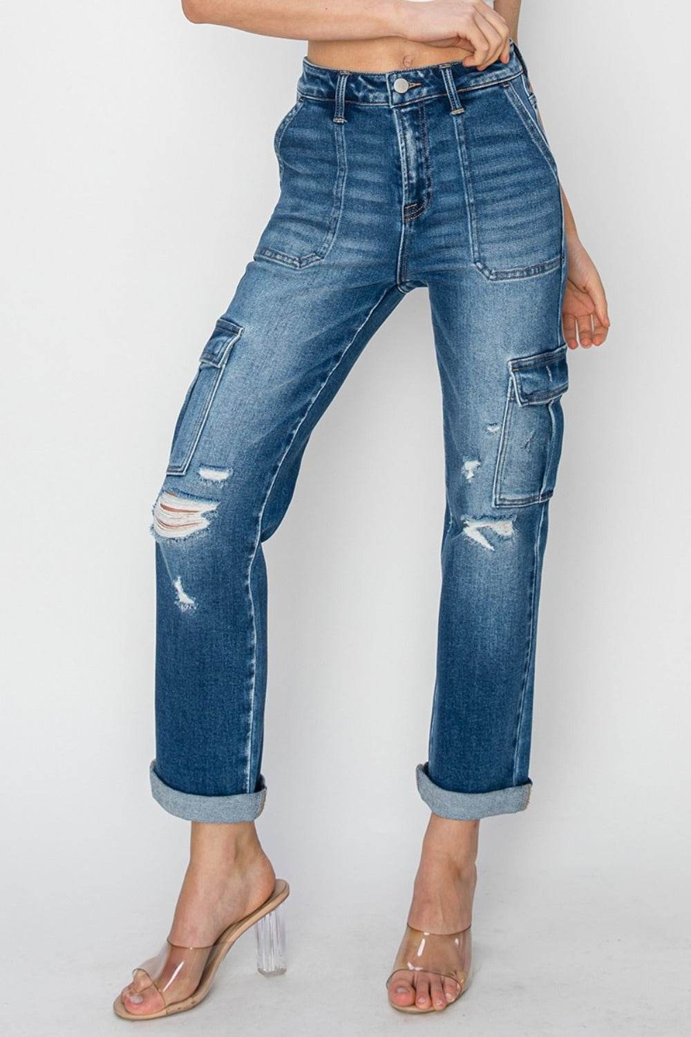 RISEN Full Size High Rise Cargo Ankle Roll Up Straight Jeans - Delanoir