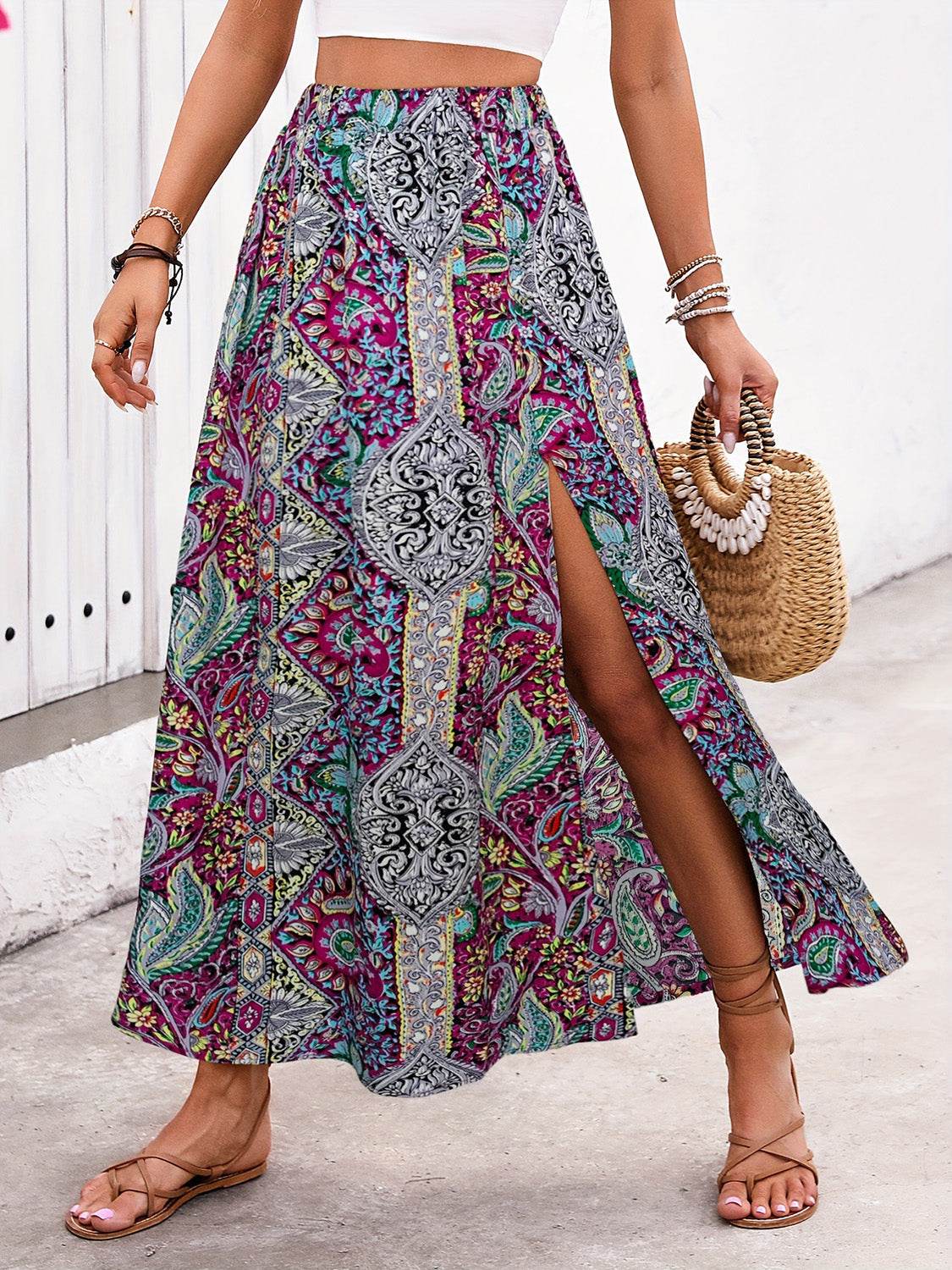 Slit Printed Elastic Waist Skirt - Delanoir