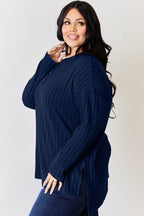 Basic Bae Full Size Ribbed Half Button Long Sleeve High-Low T-Shirt - Delanoir