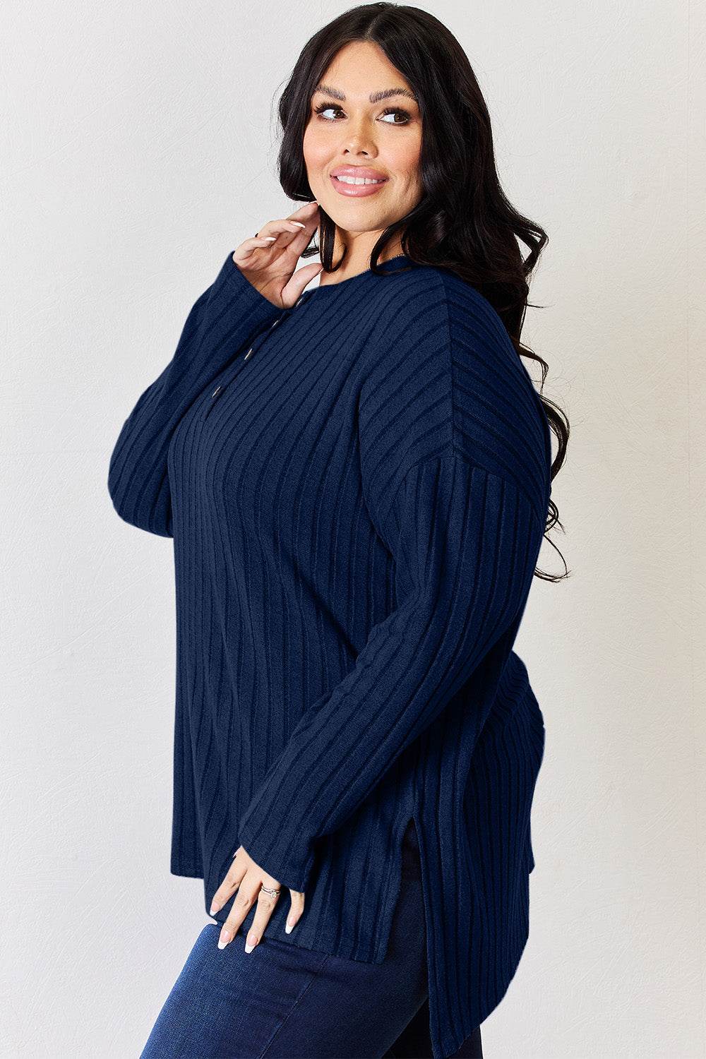 Basic Bae Full Size Ribbed Half Button Long Sleeve High-Low T-Shirt - Delanoir