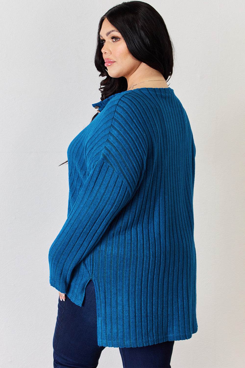 Basic Bae Full Size Ribbed Half Button Long Sleeve High-Low T-Shirt - Delanoir