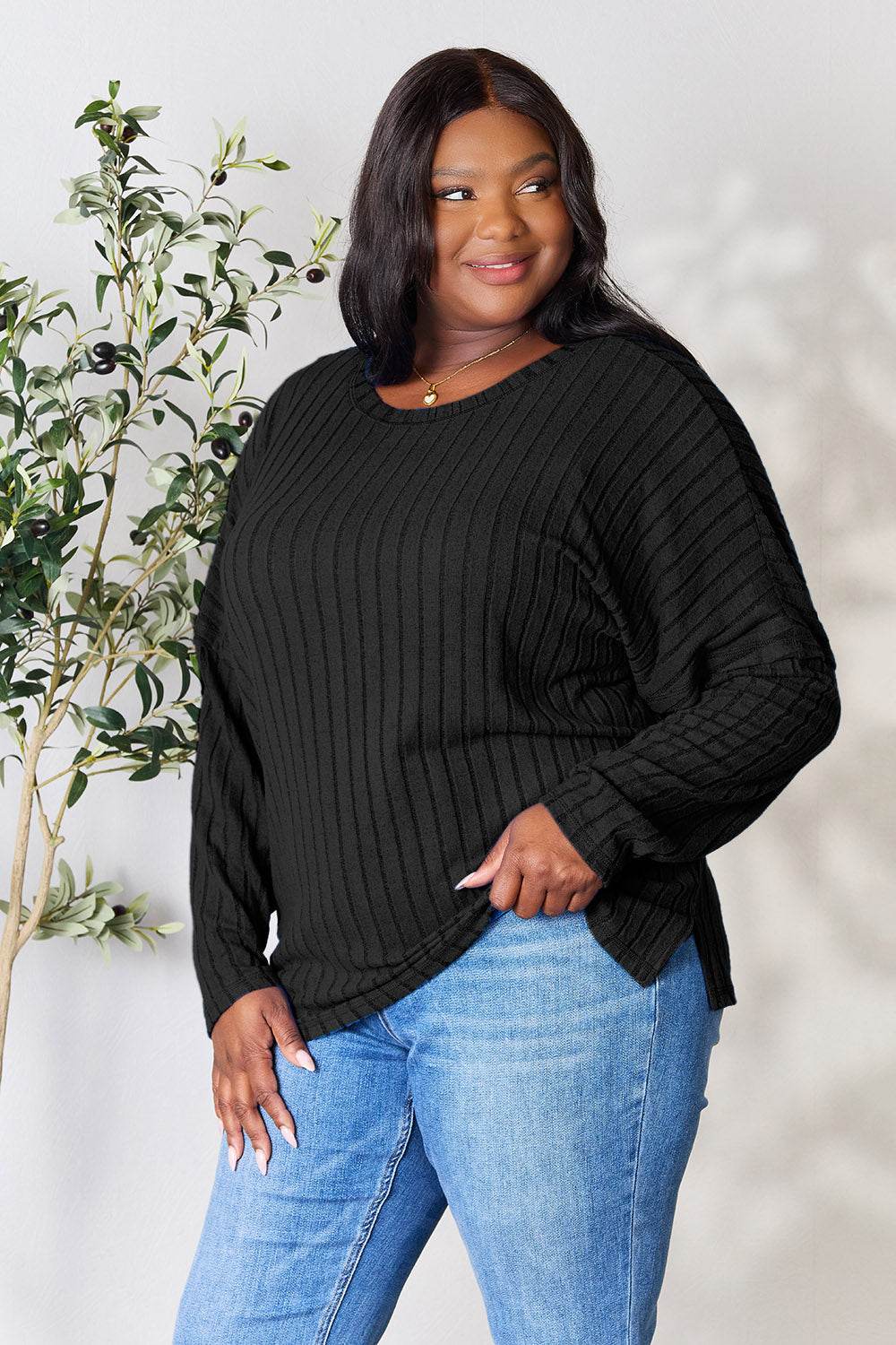Basic Bae Full Size Ribbed Round Neck Slit Knit Top - Delanoir