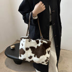 Cow Print Furry Tote Bag - Delanoir