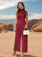 Perfee Ruched Mock Neck Sleeveless Jumpsuit - Delanoir