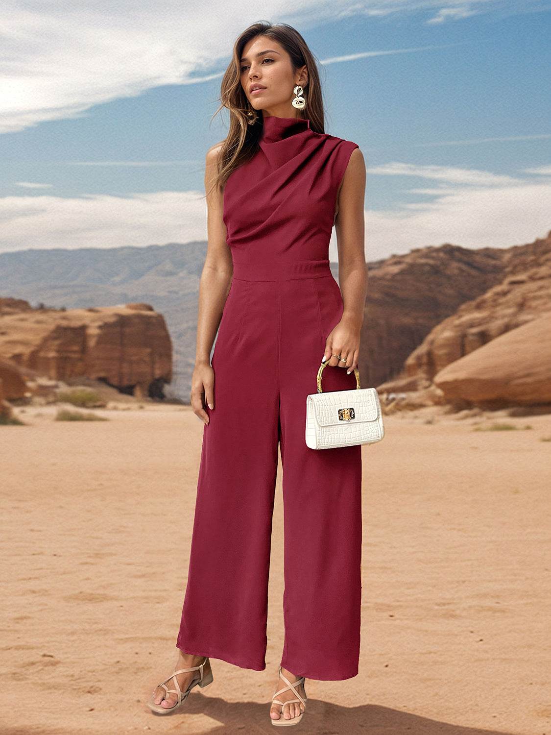 Perfee Ruched Mock Neck Sleeveless Jumpsuit - Delanoir