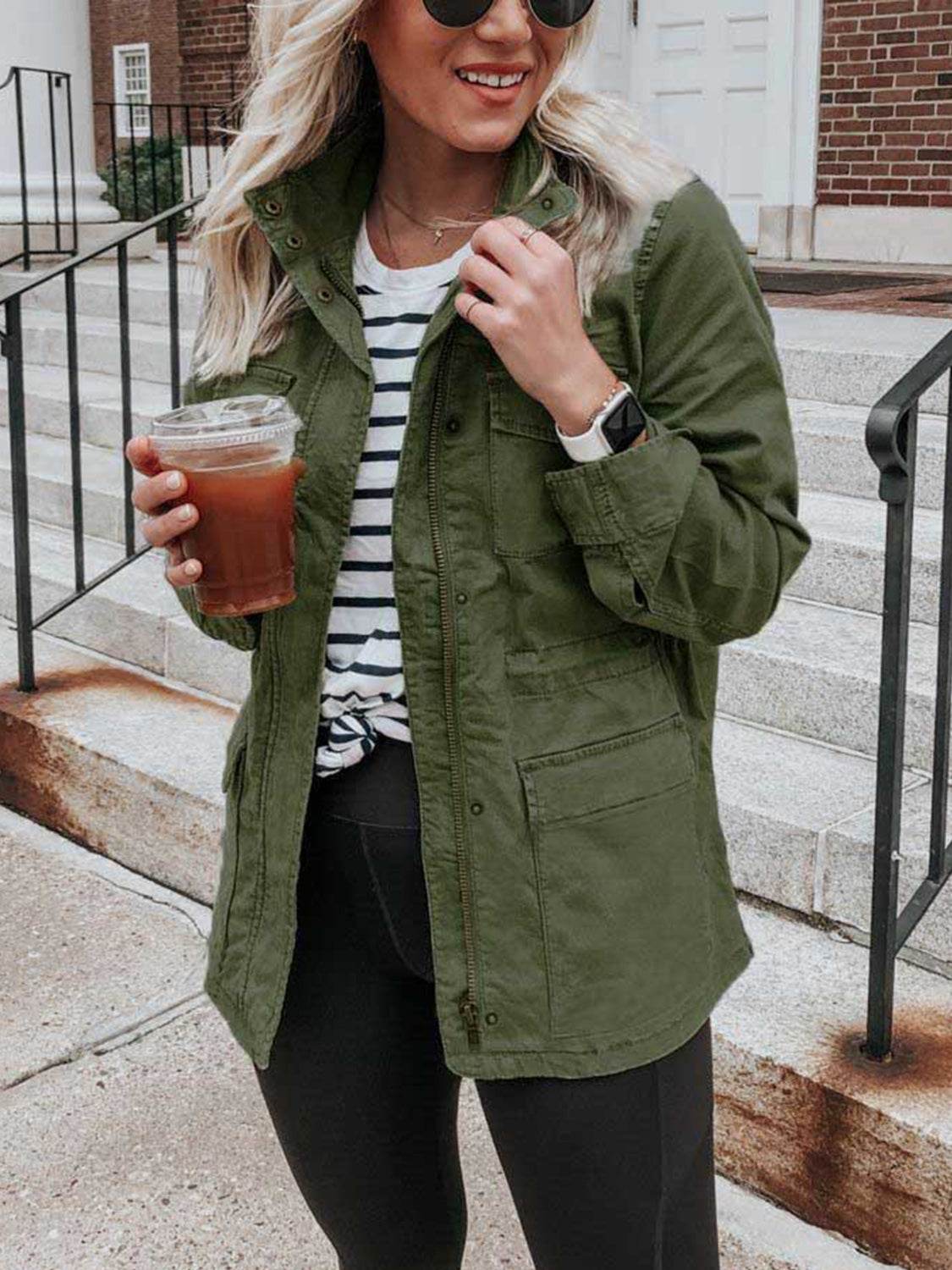 Pocketed Long Sleeve Zip Up Jacket - Delanoir