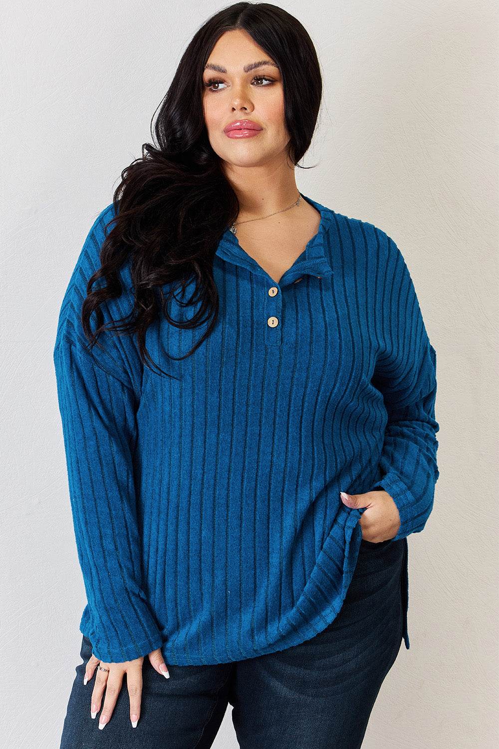 Basic Bae Full Size Ribbed Half Button Long Sleeve High-Low T-Shirt - Delanoir