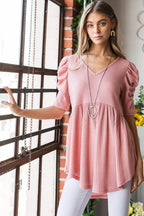 Heimish Full Size Waffle Knit V-Neck Babydoll Top - Delanoir