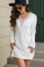 V-Neck Long Sleeve Mini Sweater Dress - Delanoir