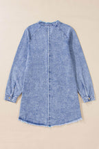 Raw Hem Button Down Long Sleeve Denim Dress - Delanoir