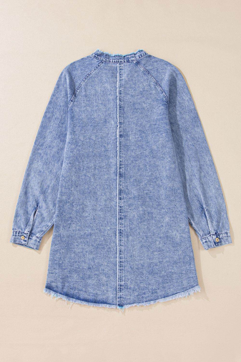 Raw Hem Button Down Long Sleeve Denim Dress - Delanoir