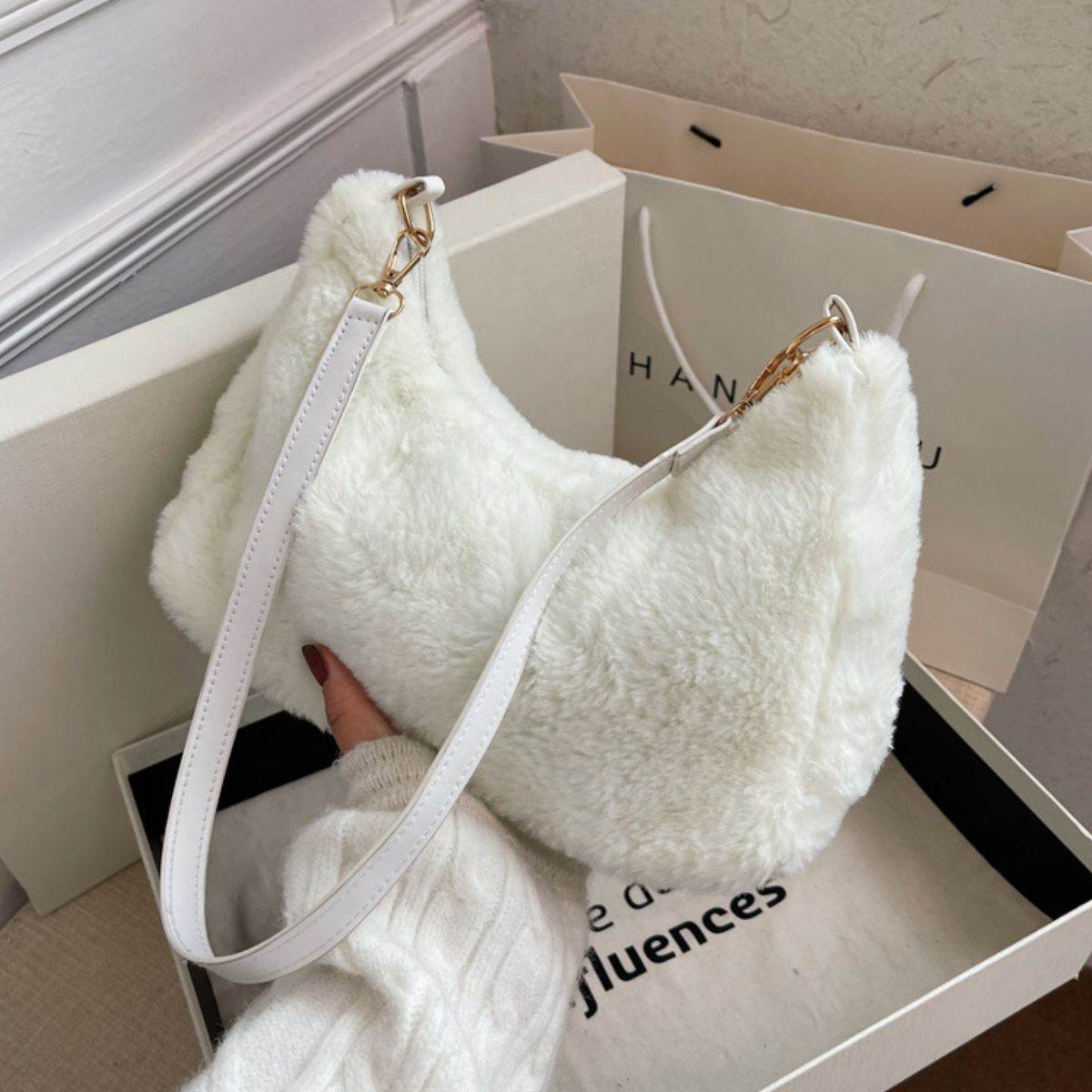 Faux Fur Removable Strap Shoulder Bag - Delanoir