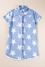 Raw Hem Star Short Sleeve Denim Dress - Delanoir