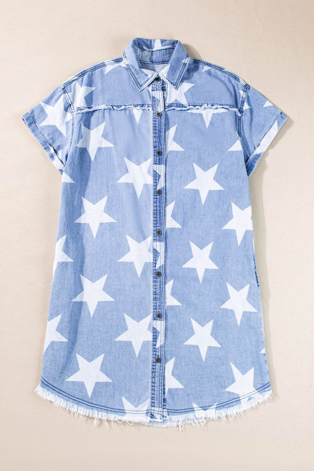 Raw Hem Star Short Sleeve Denim Dress - Delanoir