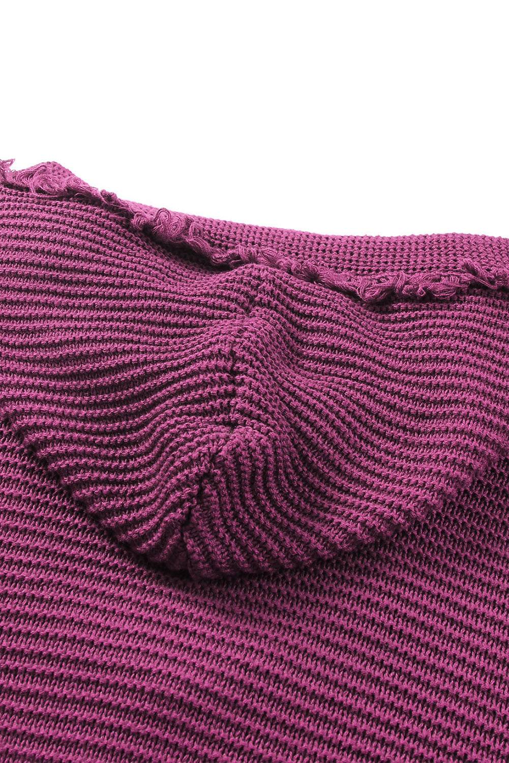 Woven Right Horizontal Ribbing Fringe Trim Hooded Sweater - Delanoir