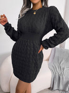 Cable-Knit Round Neck Mini Wrap Sweater Dress - Delanoir