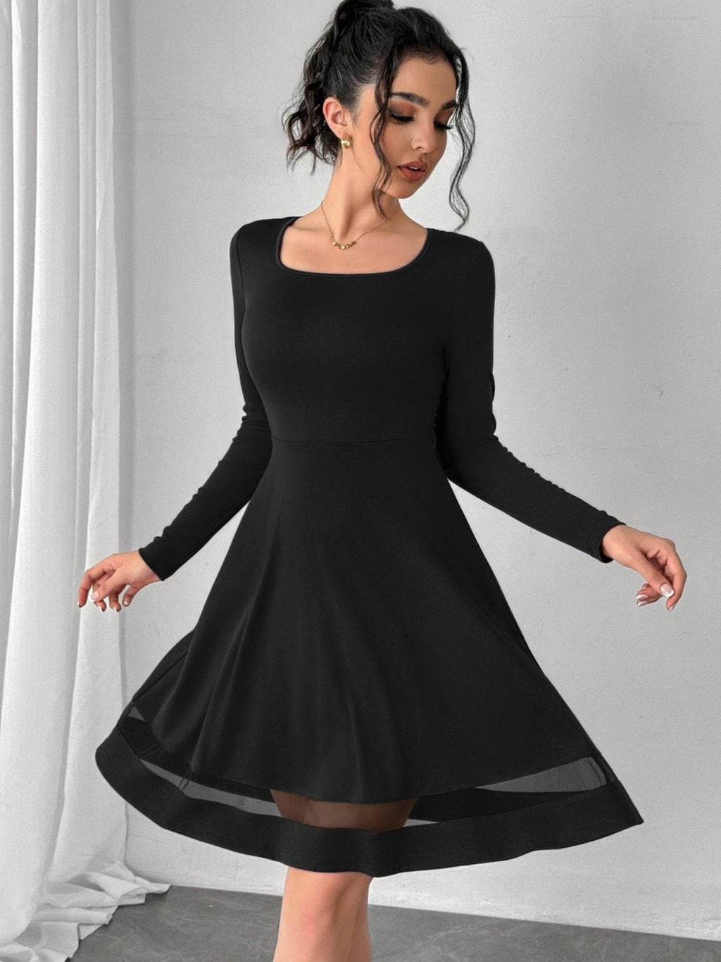 Square Neck Long Sleeve Mini Dress - Delanoir