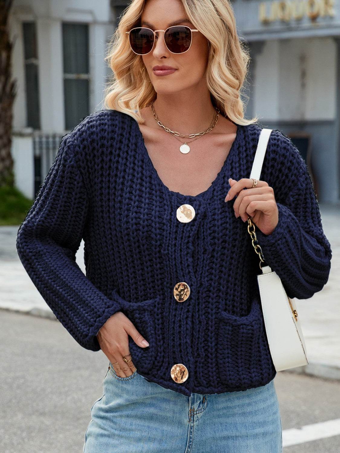 Round Neck Button Up Cardigan with Pockets - Delanoir