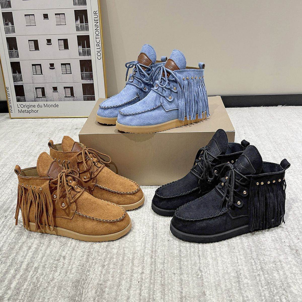 Fringe Studded Round Toe Canvas Boots - Delanoir