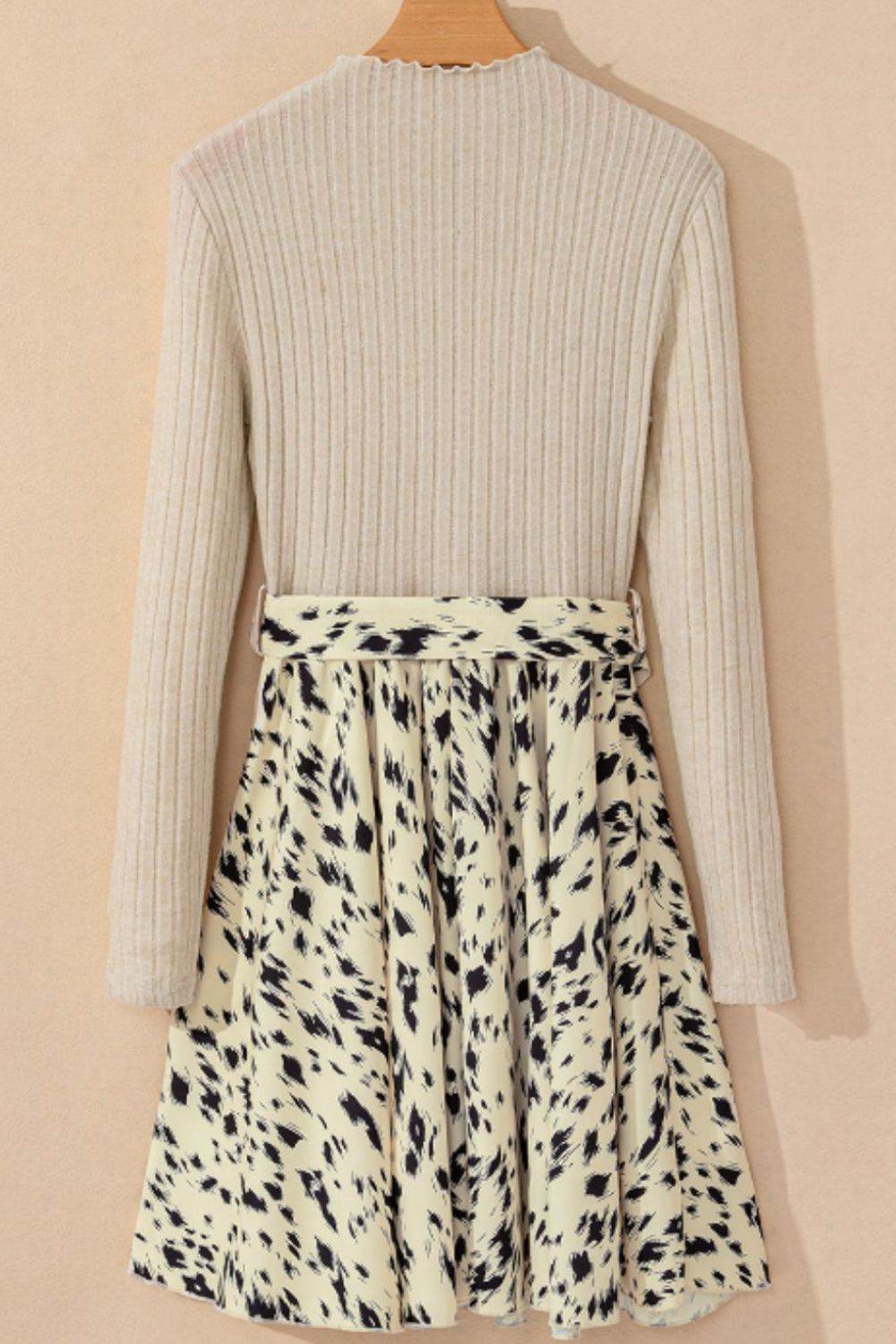 Printed Tie Waist Mock Neck Long Sleeve Dress - Delanoir