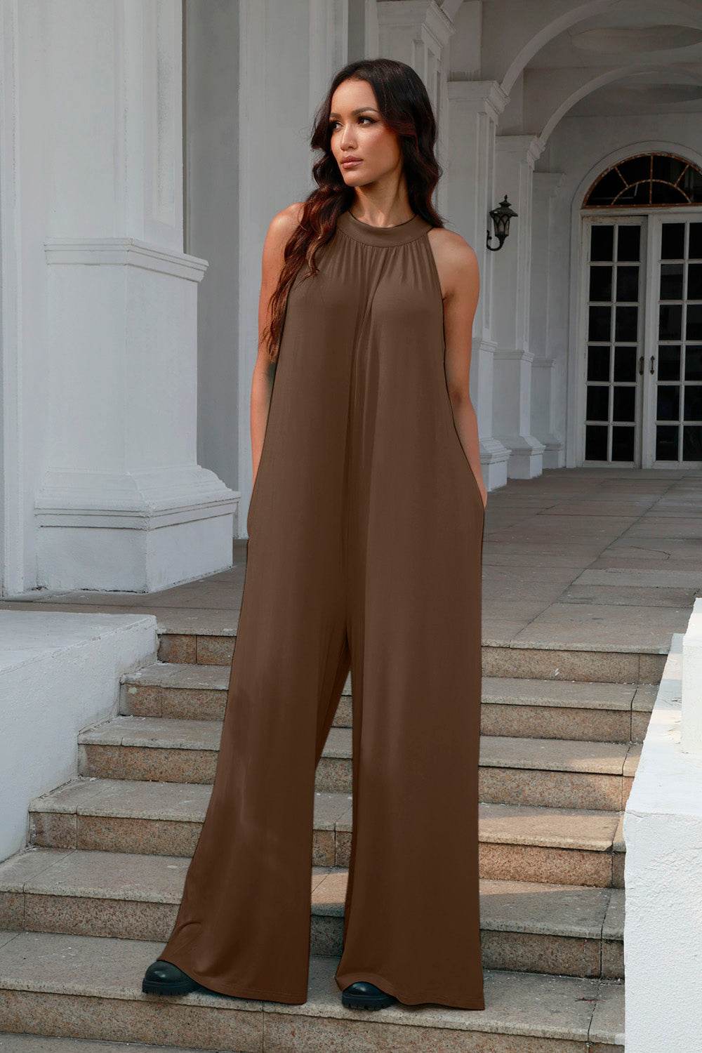 Double Take Full Size Tie Back Cutout Sleeveless Jumpsuit - Delanoir