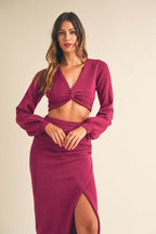 MABLE Front Twisted Knit Top and Midi Skirt Set - Delanoir
