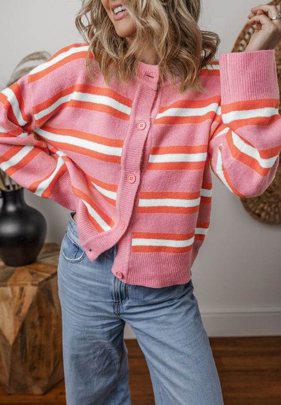 Striped Button Down Long Sleeve Cardigan - Delanoir