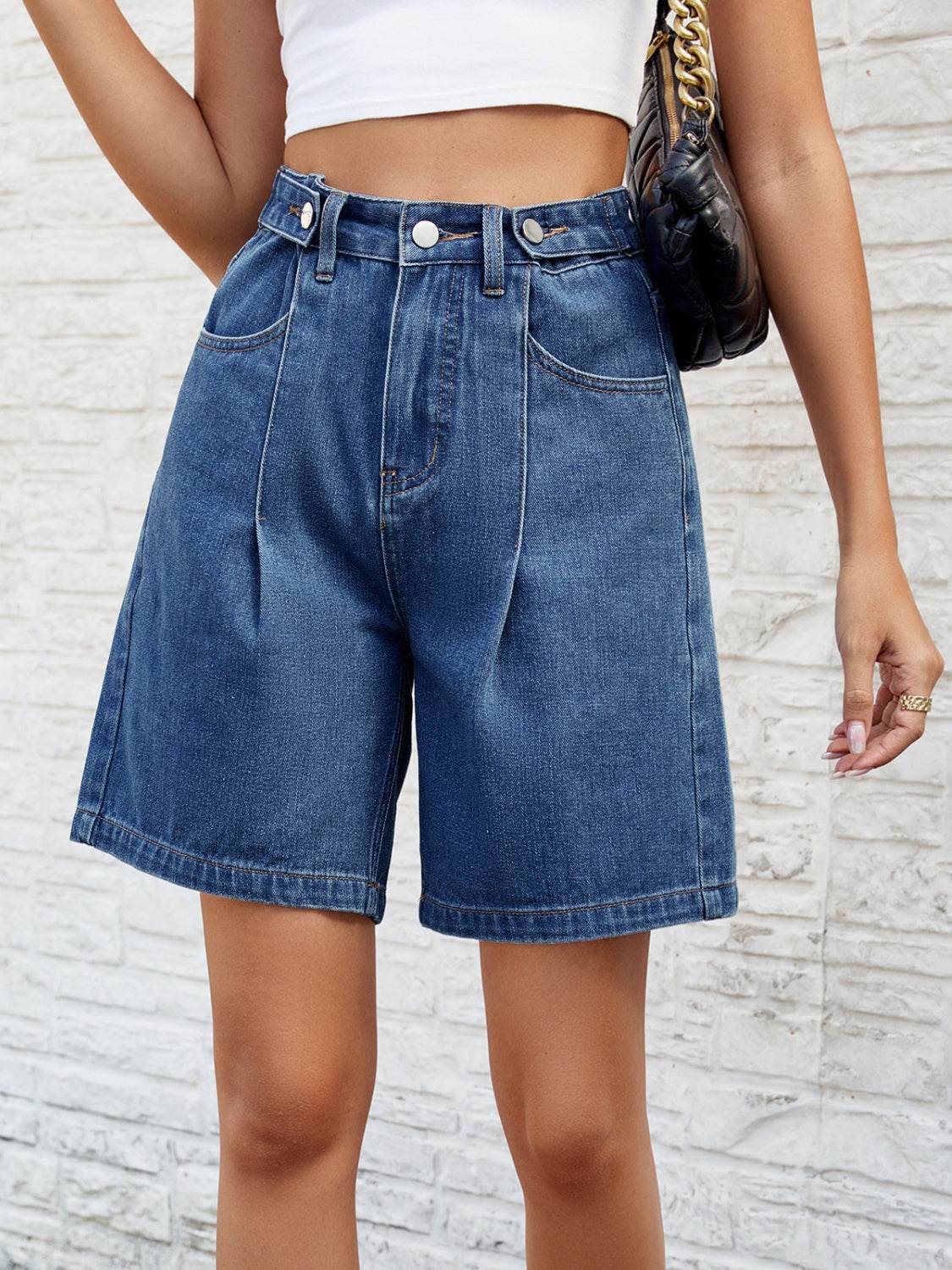 High Waist Denim Shorts with Pockets - Delanoir