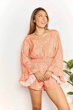 Double Take Printed Flare Sleeve Surplice Romper - Delanoir