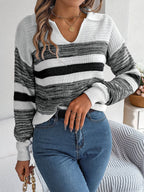Striped Collared Neck Long Sleeve Sweater - Delanoir