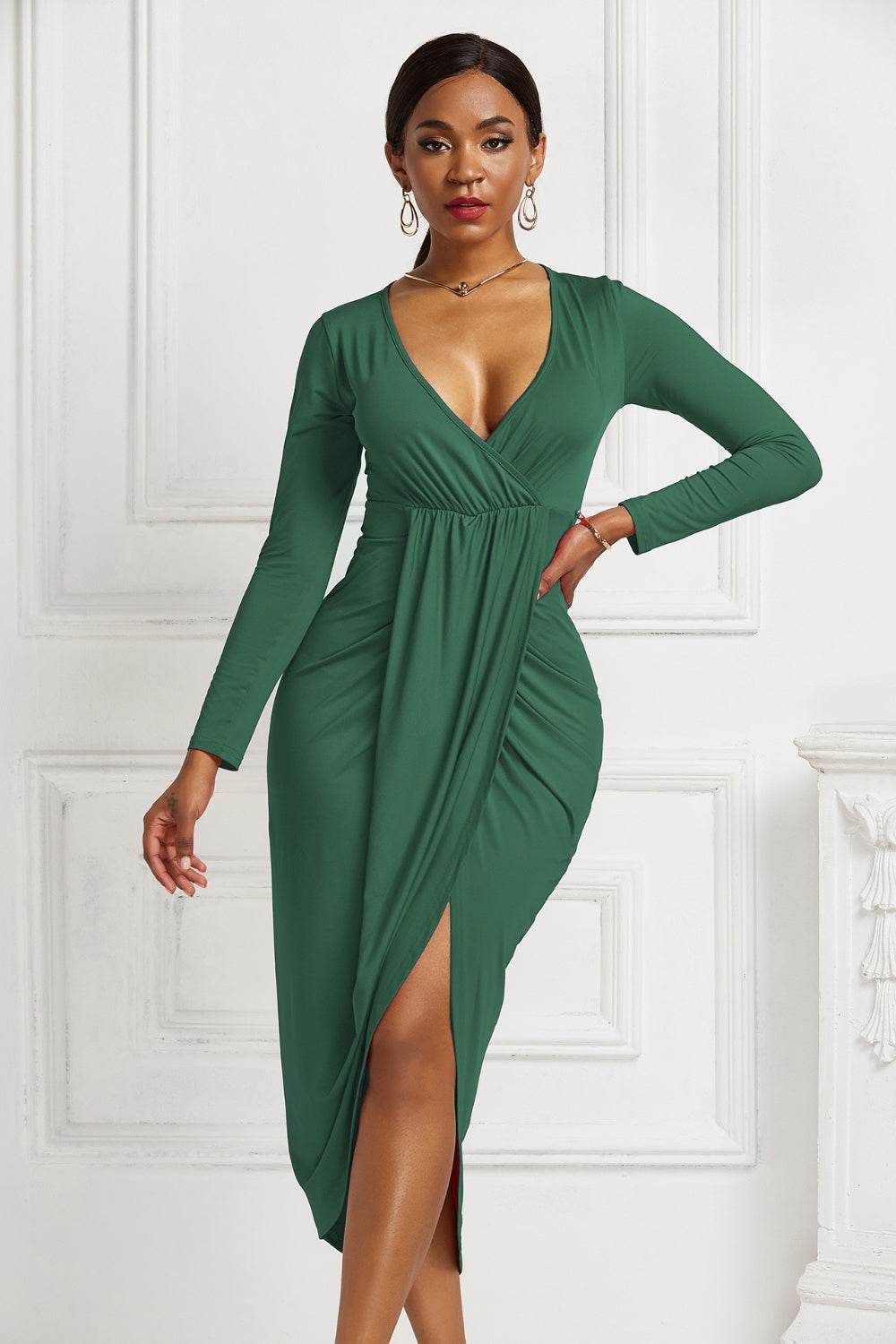 High-low Ruched Surplice Long Sleeve Dress - Delanoir