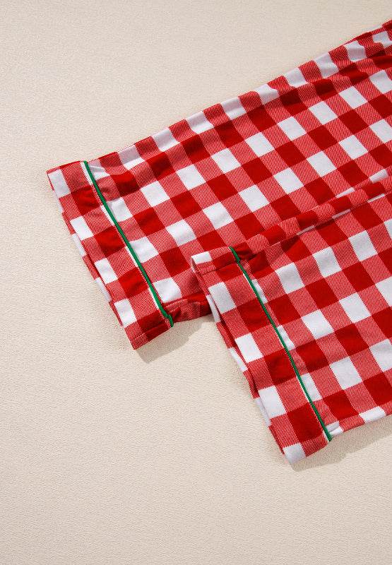 Plaid Collared Neck Long Sleeve Top and Pants Set - Delanoir