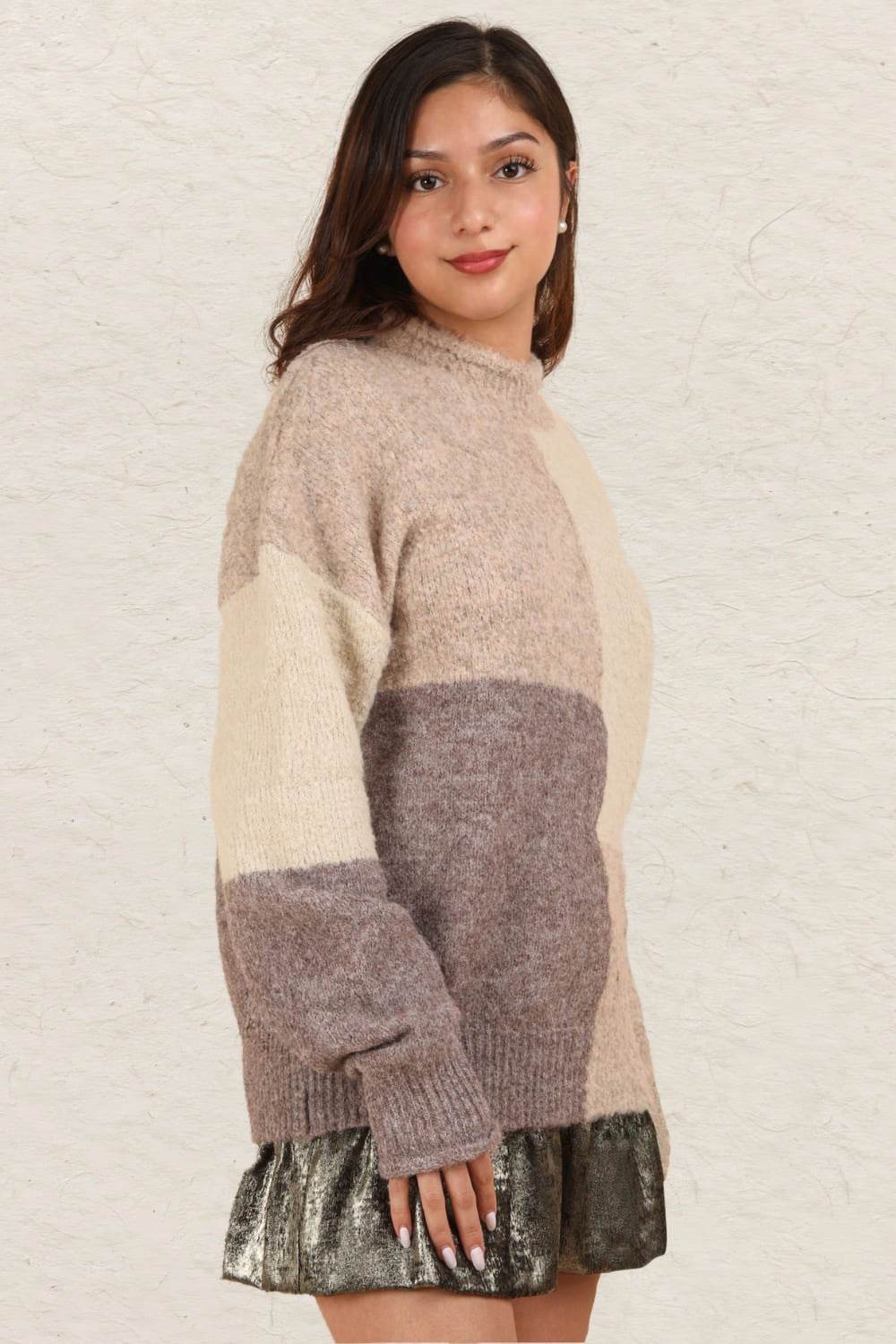 VERY J Color Block Mock Neck Drop Shoulder Sweater - Delanoir