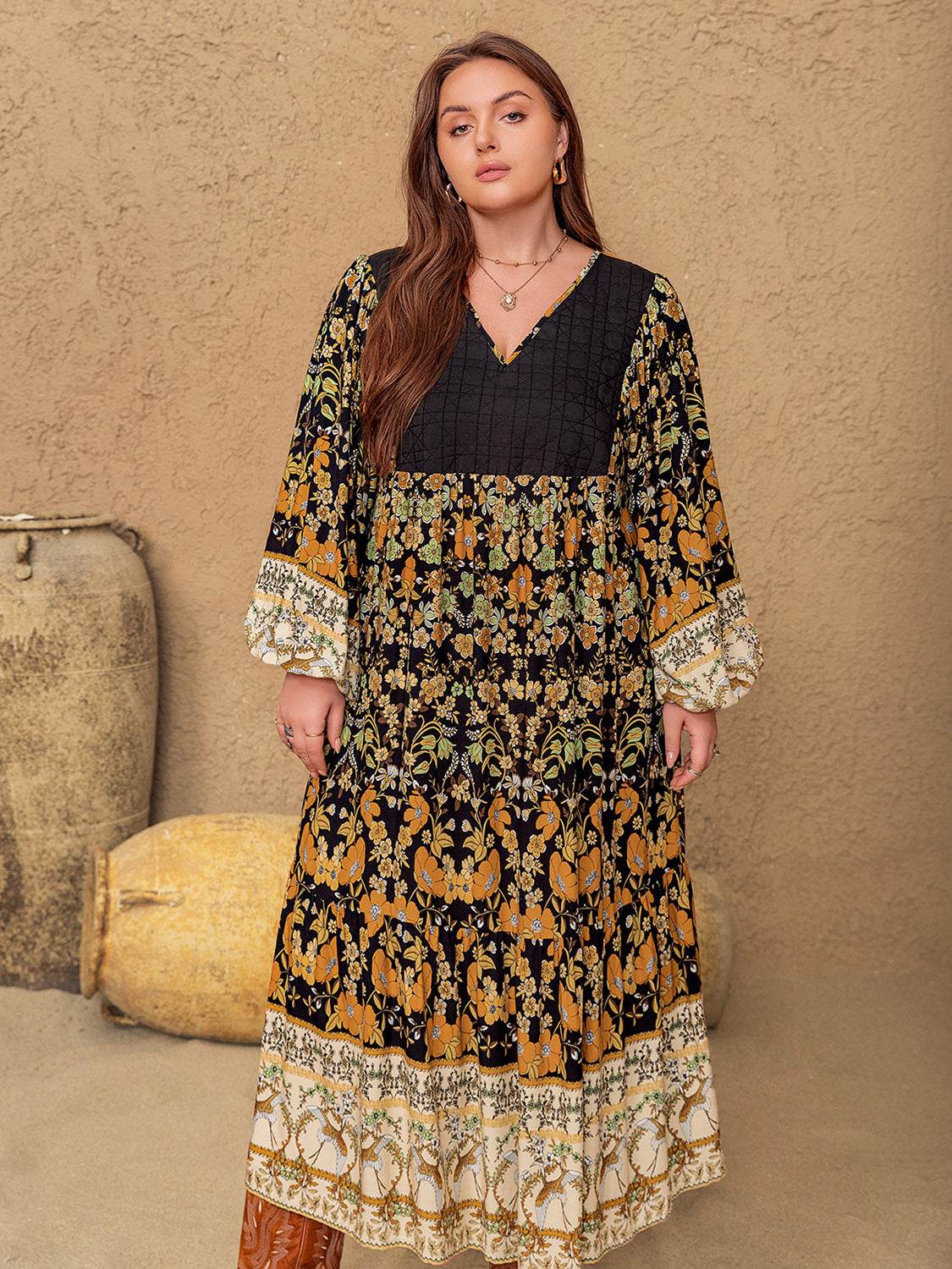 Plus Size Floral V-Neck Balloon Sleeve Midi Dress - Delanoir