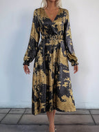 Perfee Printed Surplice Long Sleeve Midi Dress - Delanoir