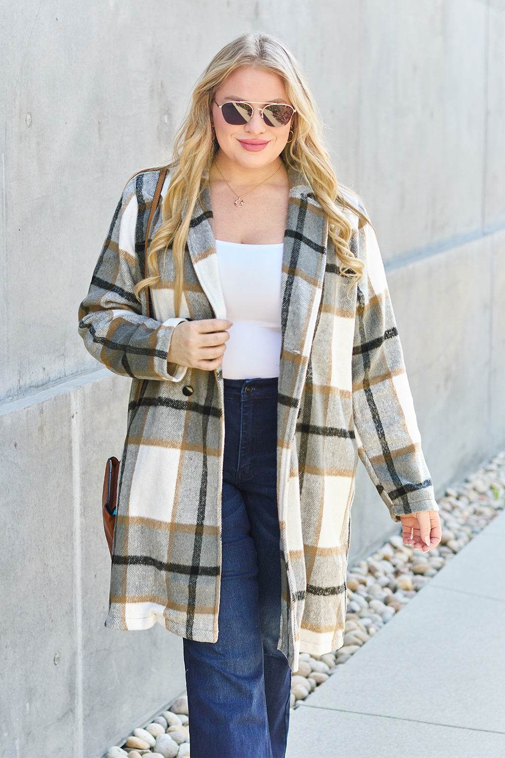 Double Take Full Size Plaid Button Up Lapel Collar Coat - Delanoir