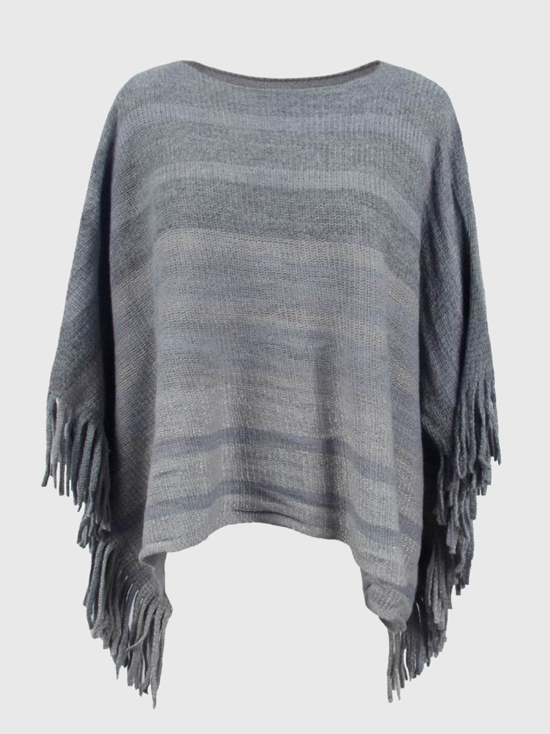 Striped Boat Neck Poncho with Fringes - Delanoir