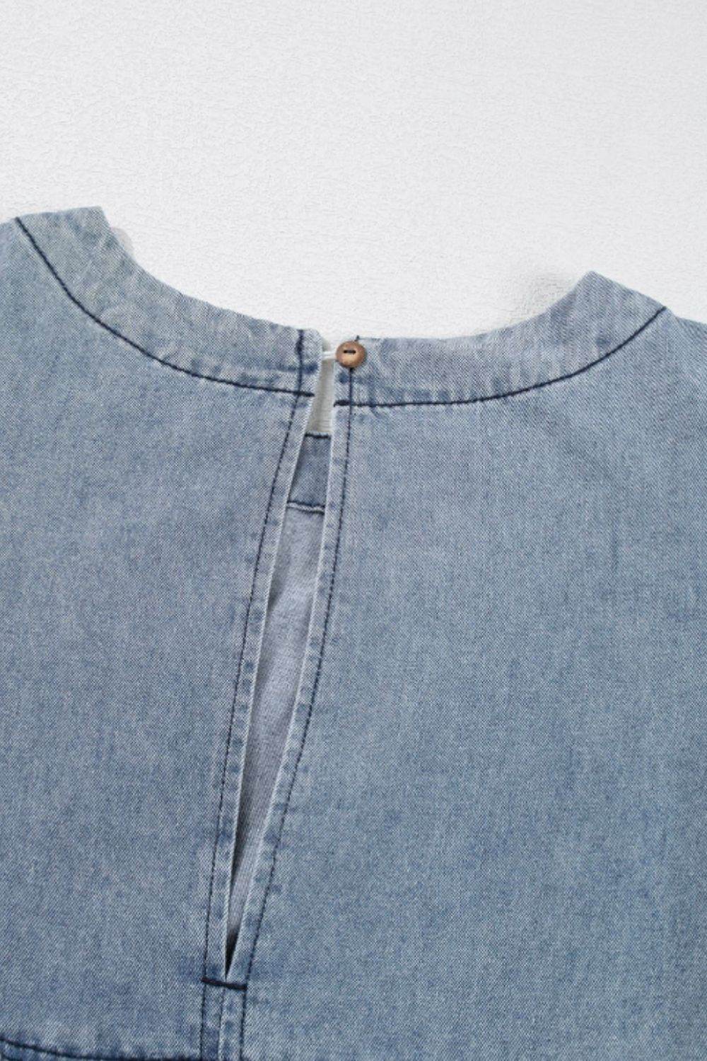 Cutout Round Neck Balloon Sleeve Denim Dress - Delanoir