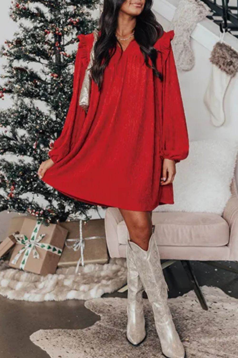Frill Notched Long Sleeve Dress - Delanoir