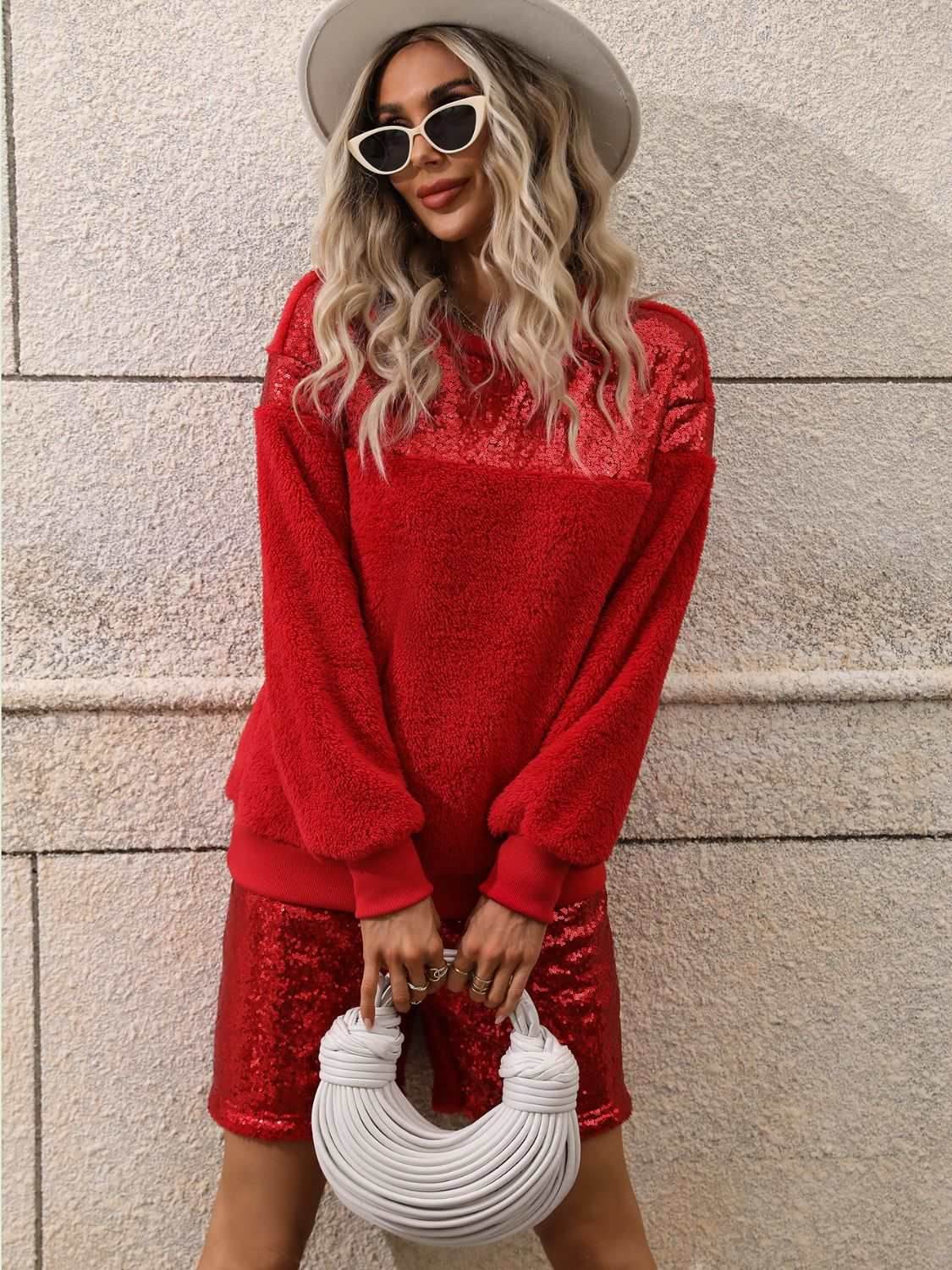 Sequin Teddy Sweatshirt and Shorts Set - Delanoir